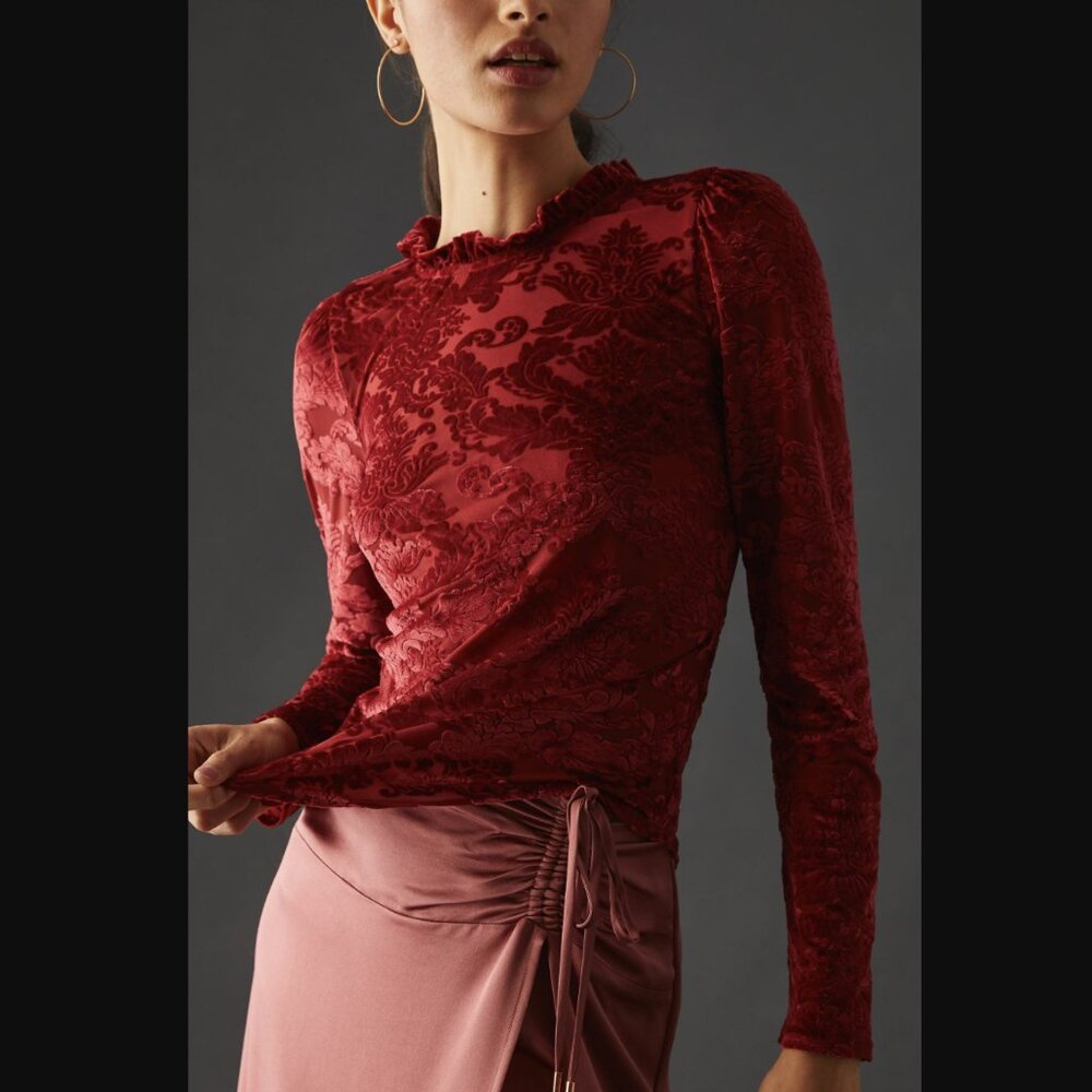 Anthropologie Red Pink Long Sleeve Sheer Back Tie Velvet Burnout Top